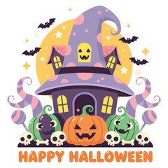 Spooky haunted house with pumpkins, bats, and skulls creates festive Halloween fun perfect for party invitations and decorations