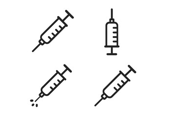 Syringe and injection vector line icon set. Medical and healthcare concept. Vaccination, immunization, and treatment symbol. Editable stroke for web, apps, and print design.