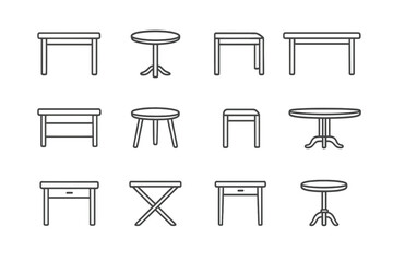 Table icon set. Thin line furniture pack. Vector desk, dining, coffee table symbols. Outline interior design elements. Editable stroke. For web, app, print illustration.