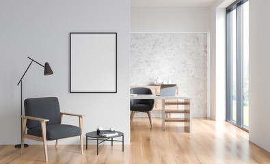 Framed blank poster on wall in stylish interior with minimalist furniture, wooden floor, and bright natural light background. 3D Rendering