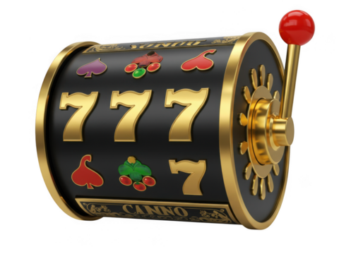 Close-up 3d rendering of a classic casino slot machine with lucky 7s and cherries transparent background