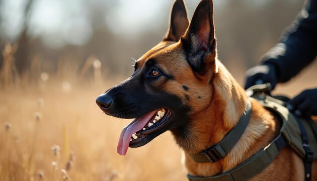 Belgian Malinois dog outdoors wearing tactical harness. K9 police dog with handler ready for training. Focused animal portrait breed intelligence agility. Security dog performs defense work.