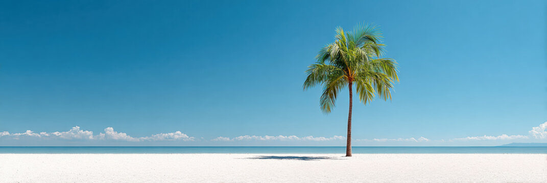 Tropical beach palm tree blue sky sand ocean Minimalist scene with calm mood and open space for copy, bright sunlight