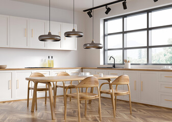 Contemporary kitchen interior with wooden furniture, minimalist design style, bright background, concept of modern home lifestyle. 3D Rendering