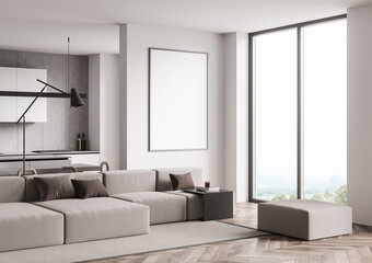 Modern living room interior with empty poster frame mockup on clean white wall, neutral color furniture, wood floor and soft lighting. 3D Rendering