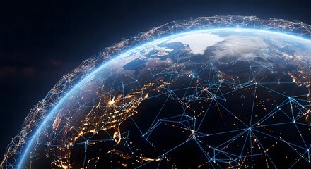 Global network of digital connections and glowing lights encircling the earth at night