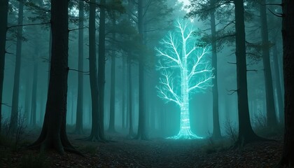 Trees in fog. Sci-fi digital tree glows in forest. Concept of future, eco, and tech. Cyberpunk virtual tree in woodland. Surreal eco tech installation, abstract scenery wallpaper.