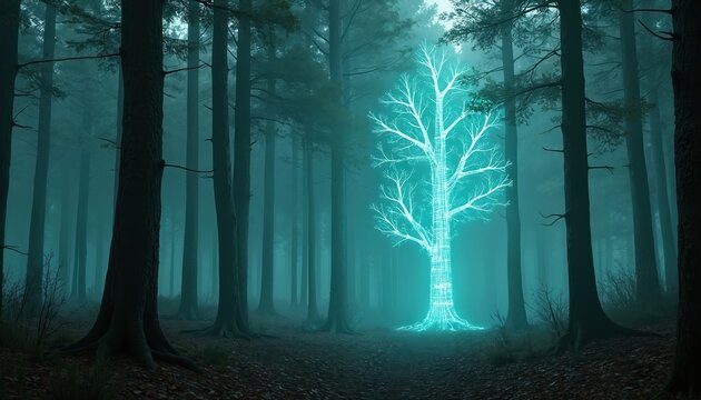 Trees in fog. Sci-fi digital tree glows in forest. Concept of future, eco, and tech. Cyberpunk virtual tree in woodland. Surreal eco tech installation, abstract scenery wallpaper.
