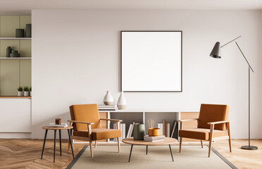 Modern living room interior with blank poster mockup on white wall, wooden furniture, soft lighting and clean layout. 3D Rendering
