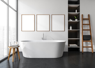 Minimalist bathroom interior with three empty poster frames on clean white wall above bathtub, 3D Rendering, concept of poster mockup and presentation