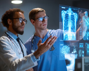 Futuristic doctor consultation hologram medical technology analysis healthcare innovation digital screen teamwork focus