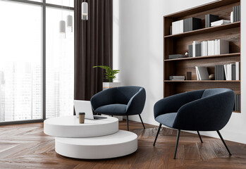 Contemporary interior design with modern armchairs, round tables, wooden bookshelf and cityscape window background. Concept of elegant workspace. 3D Rendering