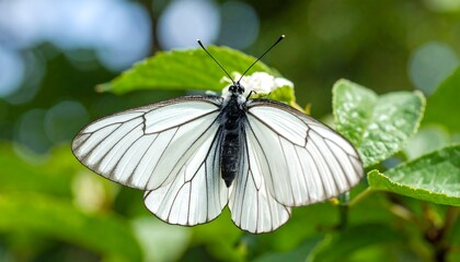 Close-up of a Black-Veined White Butterfly on Green Foliage