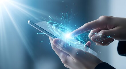 Close up of hands using a smartphone with glowing digital data and light streaks emanating from the screen