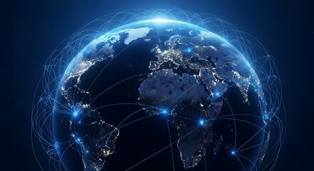 Global digital network connecting continents with glowing lights and data streams across the planet s surface