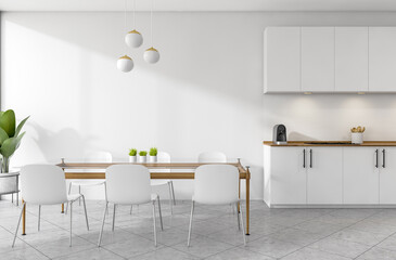 Contemporary kitchen and dining interior featuring white furniture, wood accents, tiled floor, green plant decor on clean white background. 3D Rendering
