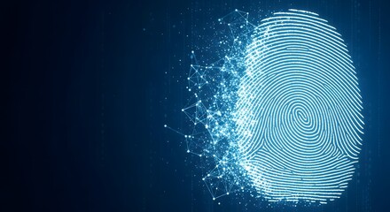 Digital fingerprint dissolving into blue data particles representing identity security and biometric authentication