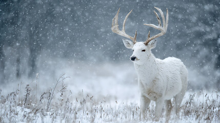 White-tailed deer in winter snowfall