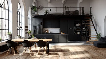 Modern loft kitchen with black cabinets and dining area under mezzanine