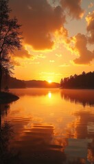 Obraz premium Serene lake sunset photo. Trees silhouette against bright sun. The water reflects orange sky. Nature scene is peaceful calm. Golden light illuminates tranquil environment at dusk.