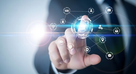 Fototapeta premium Businessman touching a glowing digital network interface with interconnected icons representing global connections and technology