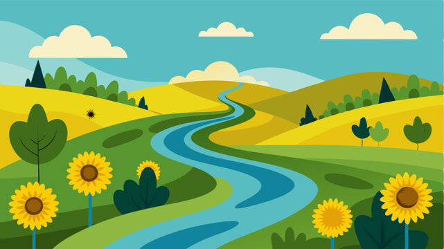 A winding riverbank lined with sunflowers providing a peaceful and idyllic setting for a leisurely stroll.