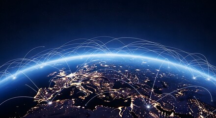 Glowing blue energy arc encircles the earth at night with illuminated city lights below