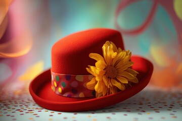 Chic Hat with Flower Adornment: A stylish red hat, accented with a vibrant yellow flower and a decorative patterned band, sits elegantly in front of a blurry, festive backdrop.