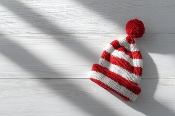 Cozy Stripes: A charming red and white striped hat, adorned with a playful pom-pom, lies resting on a rustic wooden surface. bathed in soft, directional light.