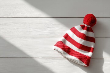 Winter Knit Hat: A vibrant red and white striped knit hat with a playful pom-pom rests peacefully, bathed in the soft glow of natural light, evoking a sense of cozy warmth and seasonal cheer.