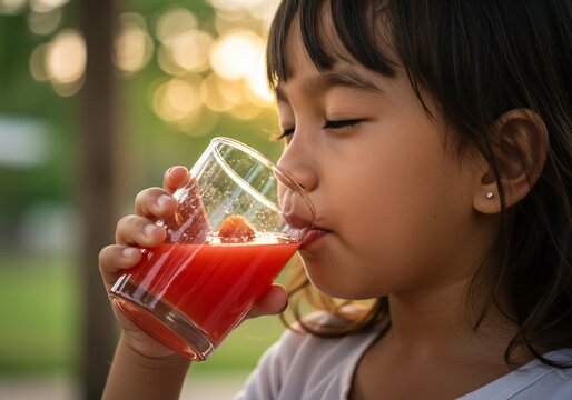 Adorable young girl with eyes closed savoring a glass of red juice outdoors.