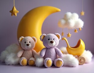 Two soft pastel teddy bears sit on fluffy white clouds in nursery decor setting. Large yellow crescent moon and cloud with stars are in background. Small yellow rocking cradle is beside them.