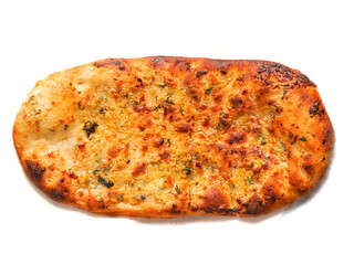 A piece of bread with cheese on it is sitting on a piece of paper. Cooked pizza is brown and the cheese is white. Popular Italian style dish.
