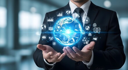 Businessman holding a glowing digital globe with technology icons representing global connectivity and innovation
