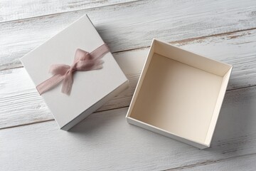 Elegant Gift Box Unveiled: An exquisitely crafted, pristine gift box, adorned with a delicate ribbon, lies open, revealing an inviting interior.