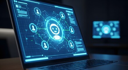 Futuristic digital interface displaying a glowing blue network of human avatars connected to a central ai or user profile