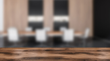 Wooden countertop surface with natural texture in front of blurred modern office interior with chairs and table, perfect for product display mockup. 3D Rendering