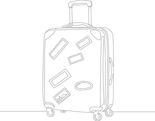 Obraz premium Minimalist Outline Style Travel Suitcase With Stickers Luggage on Wheels