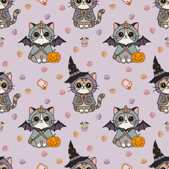 Kawaii Halloween Cats and Treats Seamless Pattern