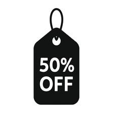 Minimal Black Discount Tag Icon with White Text "50% OFF" – Flat Vector Sale Label
