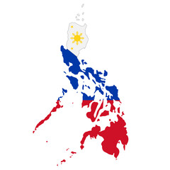 Obraz premium Philippines icon. Stylized map of the country with national flag colors and sun with stars vector illustration. Geographic and patriotic symbol. Travel destination sign. Asian identity pictogram.