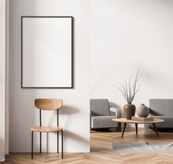 Blank poster mockup on white wall in modern interior with wooden chair, armchairs, coffee table, and decor on wooden floor. 3D Rendering