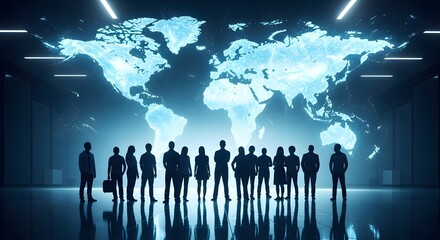 Diverse group of business professionals standing together in front of a large glowing digital world map in a modern office setting
