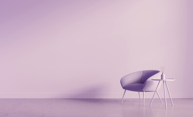 Minimalist interior scene featuring a purple armchair and white side table with decor, in a soft lavender room. 3D Rendering on smooth background © ImageFlow