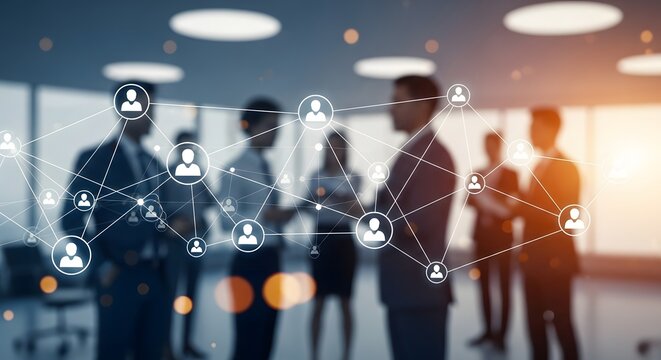 Diverse group of professionals in a modern office space connected by a digital network illustrating teamwork and collaboration