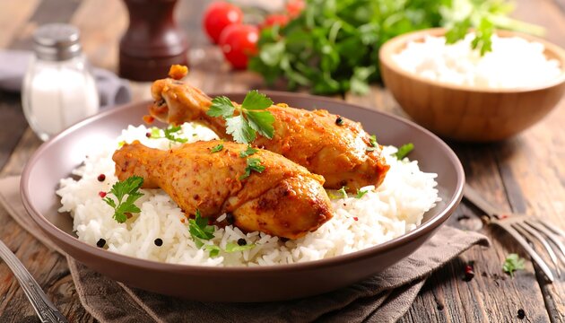 Delicious chicken drumsticks with rice and fresh herbs.