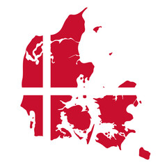 Denmark map icon. Country silhouette filled with red and white national flag vector illustration. Geographic and political territory sign. European state identity symbol. Cartographic pictogram.