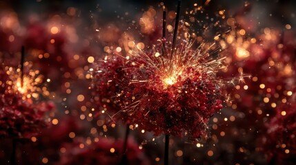 Fototapeta premium Close-up of Explosive Red Flowers with Sparks and Glowing Particles in Dark Background