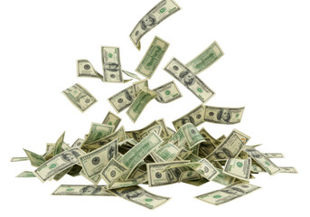 Dynamic cascade of us dollar bills falling money represents wealth and financial success transparent background