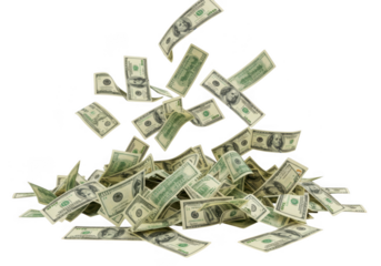 Dynamic cascade of us dollar bills falling money represents wealth and financial success transparent background